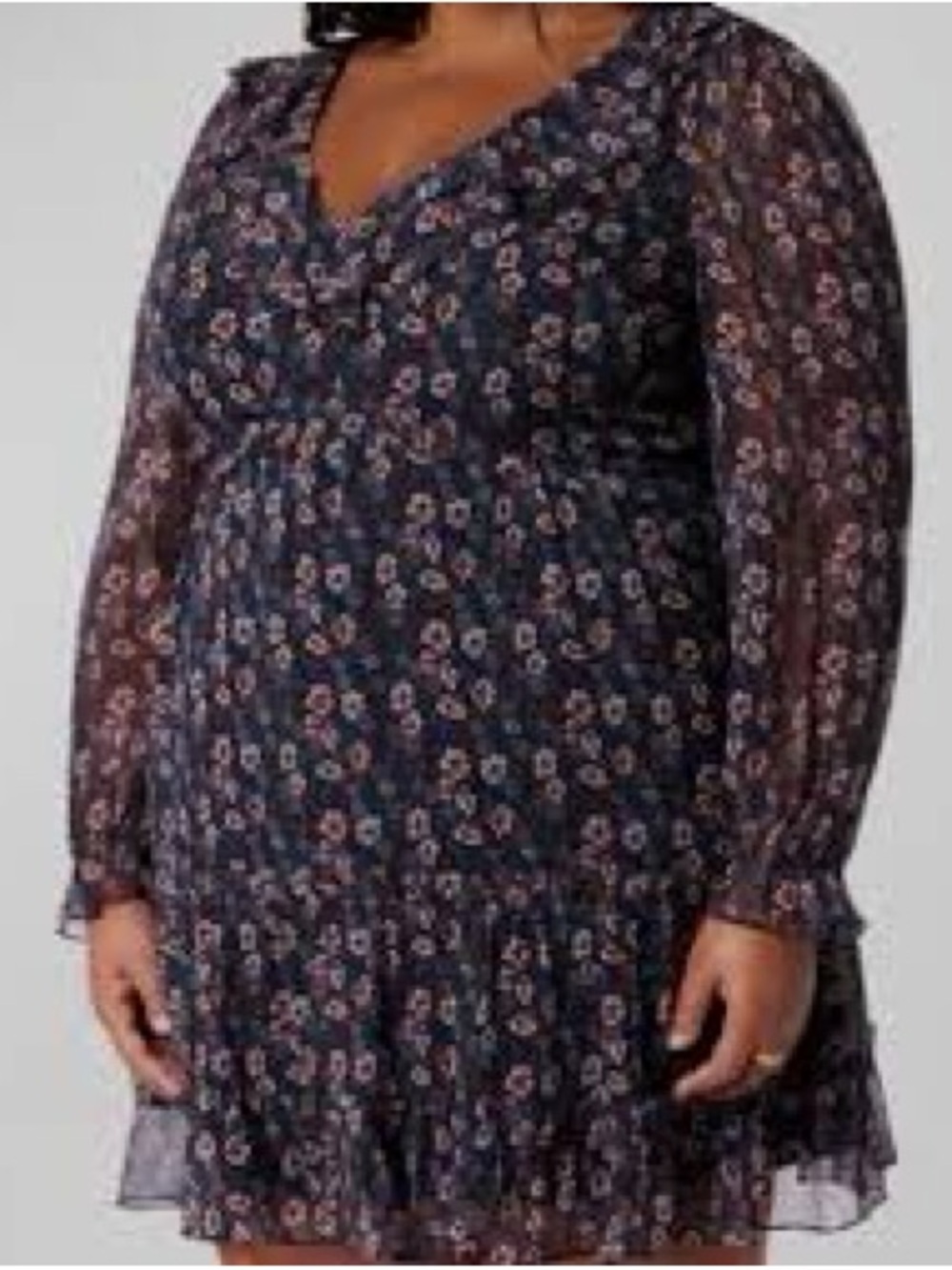 Joie Navy Floral V-Neck Long Sleeve Ruffle-Hem Dress